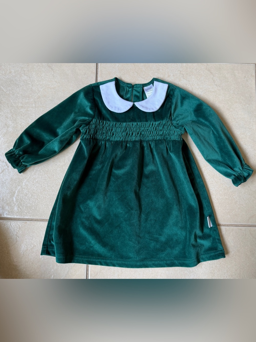 Badgley Mischka Girls Green Velvet Smocked Dress White Collar 18-24M Holiday